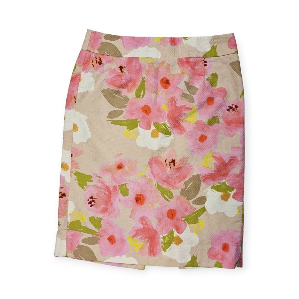 J. Crew Watercolor‎ Floral Pink and White Midi Skirt Women's Size 6